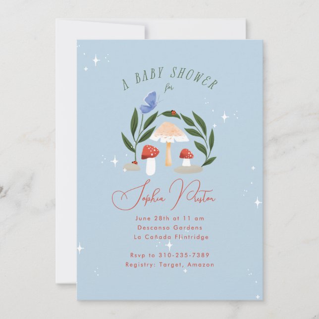 Magical Fairy Garden Mushrooms and Butterfly Invitation (Front)