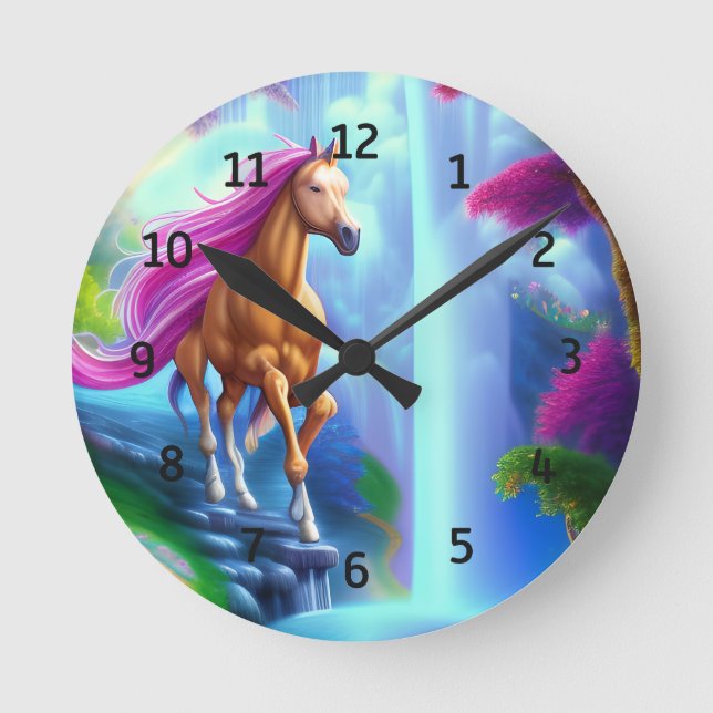 Magical Fairy Horse Waterfall  Round Clock (Front)