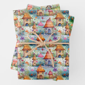MAGICAL FAIRY HOUSES AND FAIRY VILLAGE GIFT WRAPPING PAPER SHEET