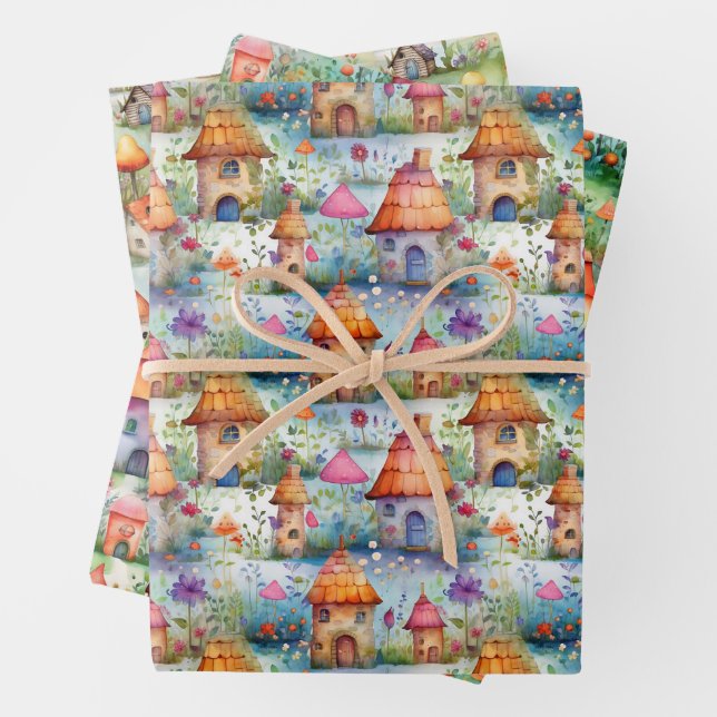 MAGICAL FAIRY HOUSES AND FAIRY VILLAGE GIFT WRAPPING PAPER SHEET (In situ)