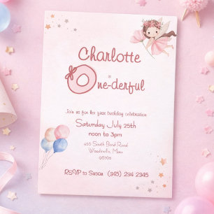 Magical Fairy One-derful Blush Girls 1st Birthday Invitation