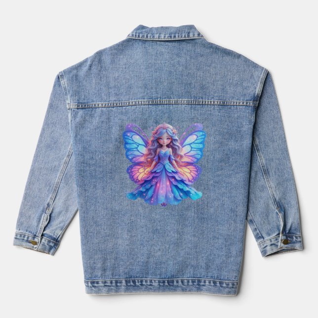 Magical Fairy Princess with Glowing Butterfly Wing Denim Jacket (Back)