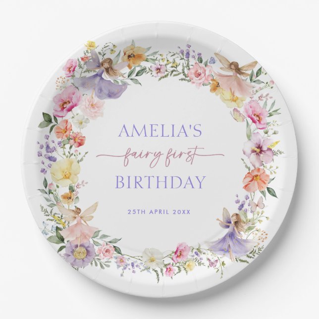 Magical Fairy Spring Flowers 1st Birthday Party Paper Plate (Front)