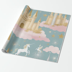 Magical fairy tale-themed golden castles silver wrapping paper