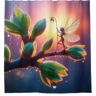 Magical fairy with dewdrop lantern on the branch