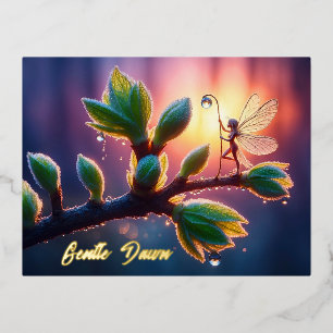 Magical fairy with dewdrop lantern on the branch foil holiday postcard