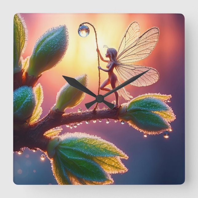 Magical fairy with dewdrop lantern on the branch square wall clock (Front)