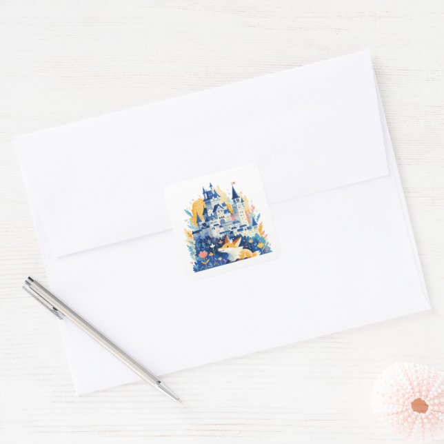 Magical Fantasy Castle and Joyful Fox Square Sticker (Envelope)