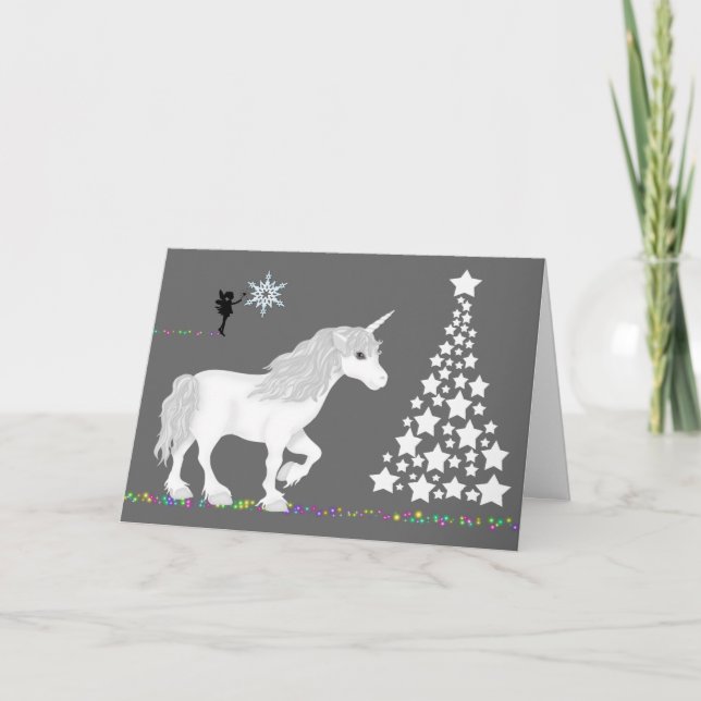 Magical Fantasy Unicorn, Fairy and Christmas Tree Holiday Card (Front)