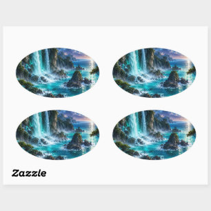Magical Fantasy Waterfall on Ocean Coast Under Mil Oval Sticker