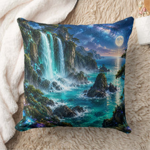 Magical Fantasy Waterfall on Ocean Coast Under Mil Throw Pillow