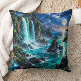 Magical Fantasy Waterfall on Ocean Coast Under Mil Throw Pillow