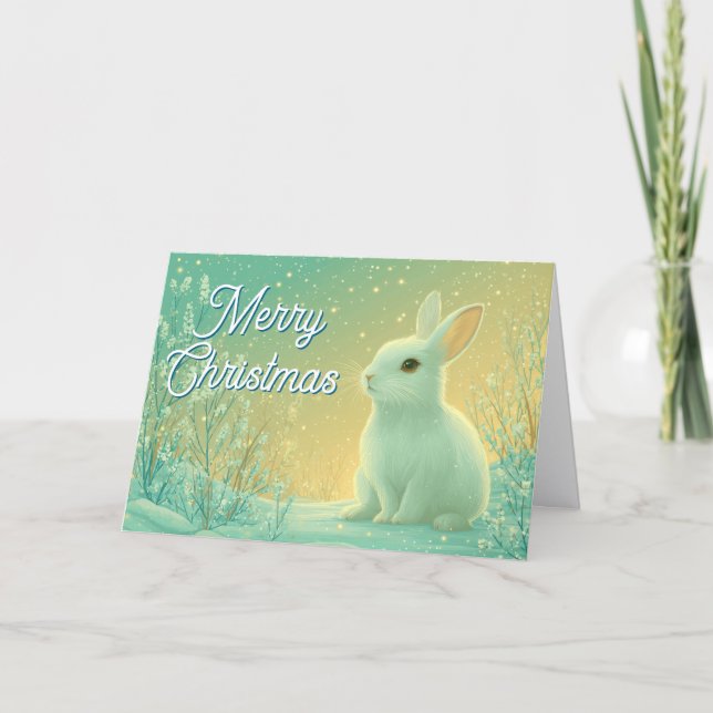 Magical Fantasy Winter Rabbit Merry Christmas Holiday Card (Front)