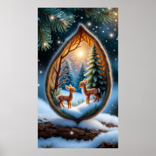 🦌 Magical Fawns in Snow Teardrop Scene ❄️🌟🌲✨ Poster