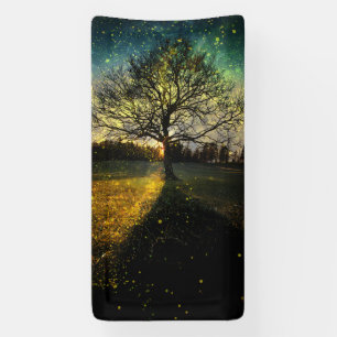 Magical fireflies dreamy landscape banner