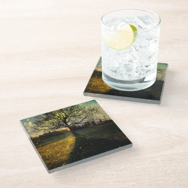 Magical fireflies dreamy landscape glass coaster (Angled)