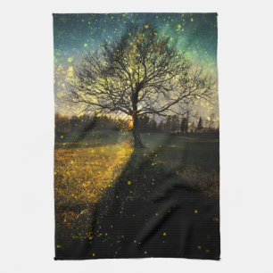 Magical fireflies dreamy landscape kitchen towel