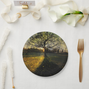 Magical fireflies dreamy landscape paper plate