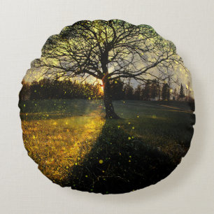 Magical fireflies dreamy landscape round pillow