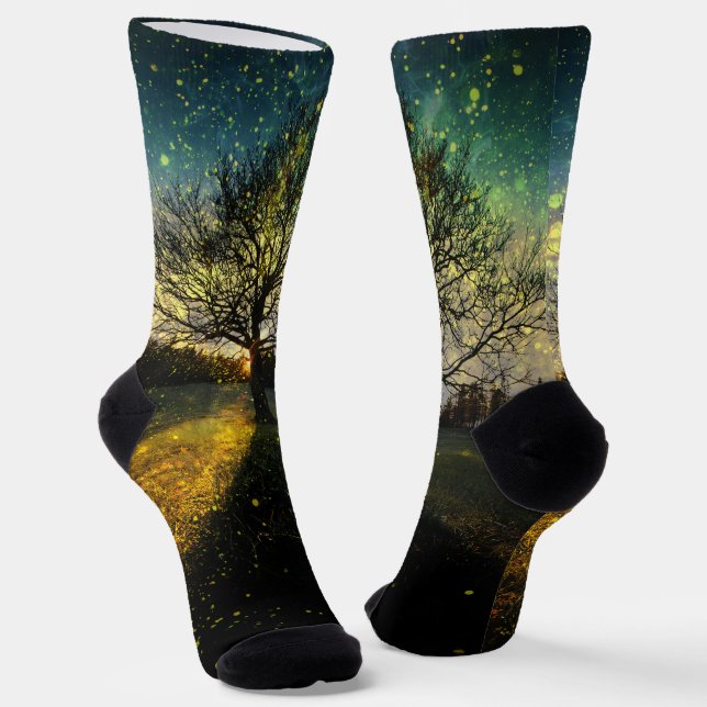 Magical fireflies dreamy landscape socks (Angled)