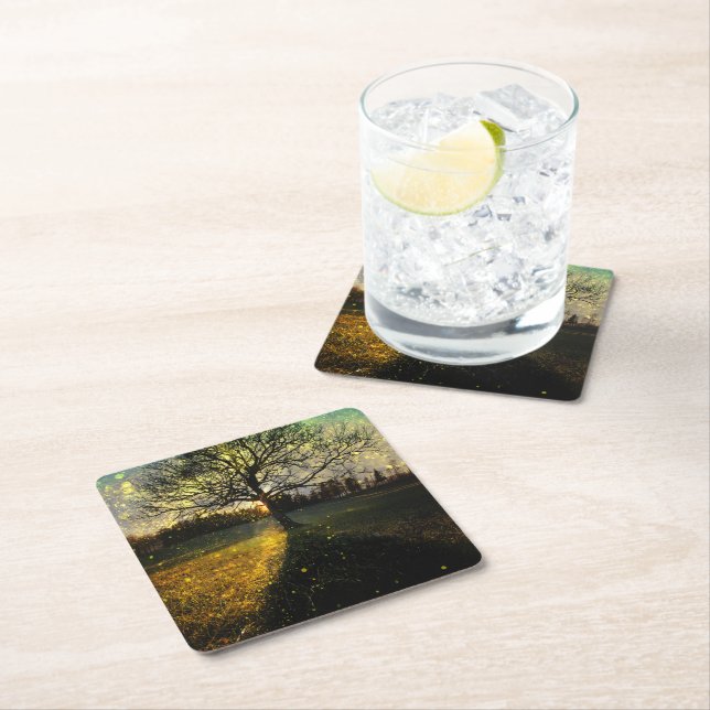Magical fireflies dreamy landscape square paper coaster (Insitu)