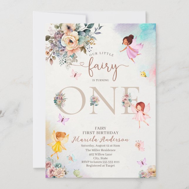 Magical Floral Fairy Princess is turning one  wate Invitation (Front)