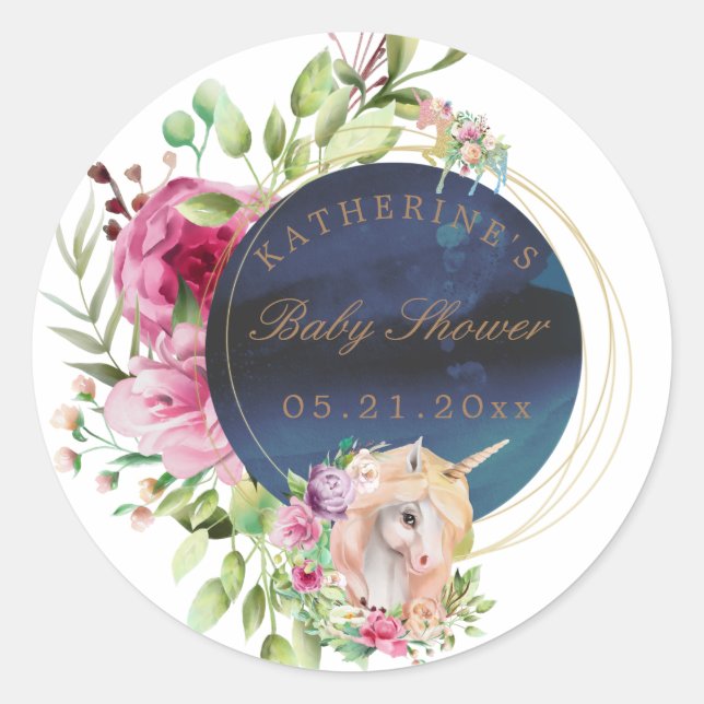 magical floral unicorn baby shower classic round sticker (Front)