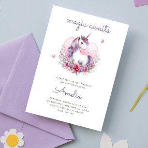 Magical Floral Unicorn Girlie Birthday Party Invitation