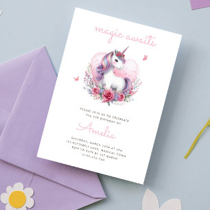 Magical Floral Unicorn Girlie Birthday Party Invitation