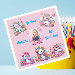 Magical Floral Unicorn Photo Kids Birthday Party Napkin