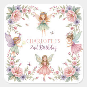 Magical flower fairy 2nd birthday square sticker