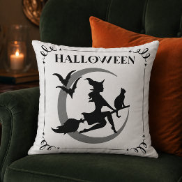 Magical Flying Witch Halloween Typography Throw Pillow