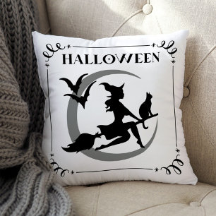 Magical Flying Witch Halloween Typography Throw Pillow