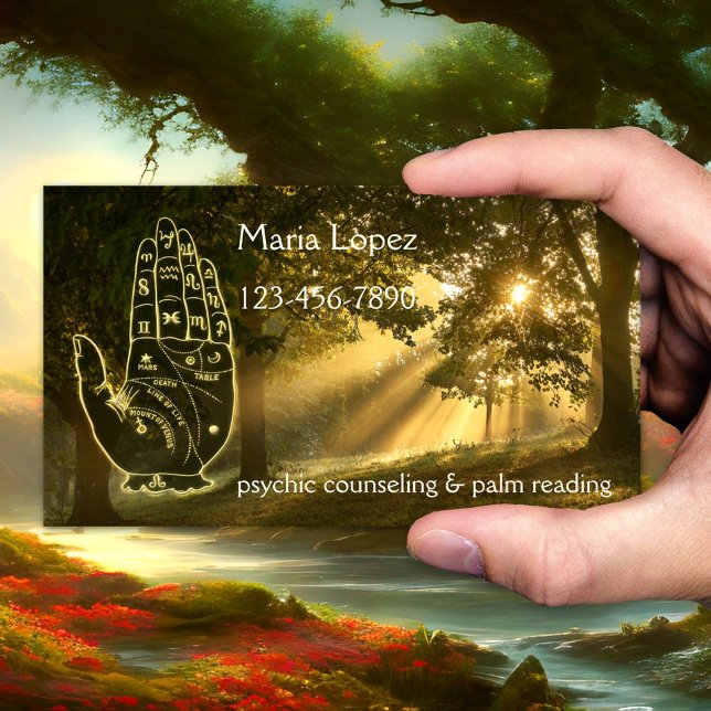 Magical Forest Palm Reader Business Card (Business card featuring a magical forest with a hand palm outline. Great for a palm reader, psychic)