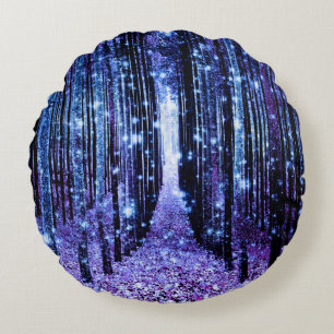 Magical Forest Path Purple Blue Round Pillow
