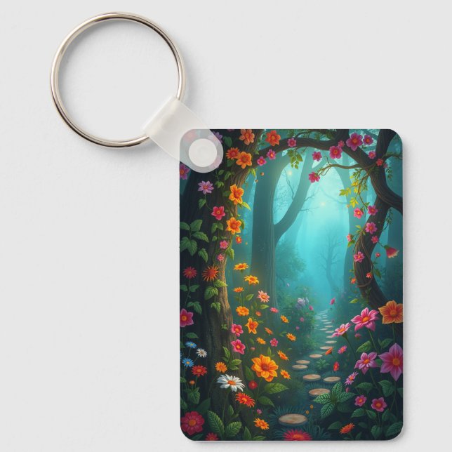 Magical Forest Pathway with Whimsical Wildflowers Keychain (Front)