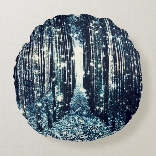 Magical Forest Teal Grey Elegance Round Pillow (Front)