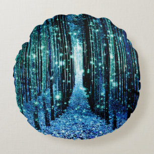 Magical Forest Turquoise Teal Round Pillow