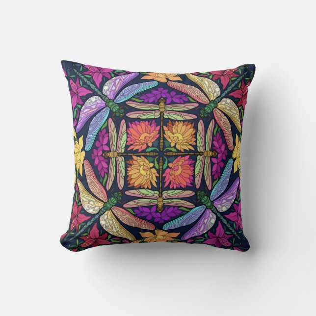 Magical Garden, Flowers & Dragonflies Throw Pillow (Front)