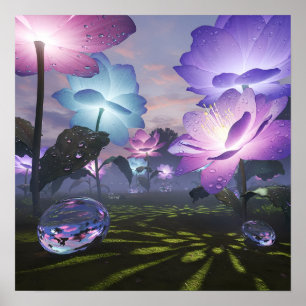 Magical Garden of Giant Luminous Flowers Poster