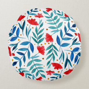 Magical garden - red and turquoise round pillow