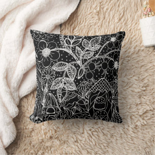 Magical Garden Whimsical Ink Pattern Throw Pillow