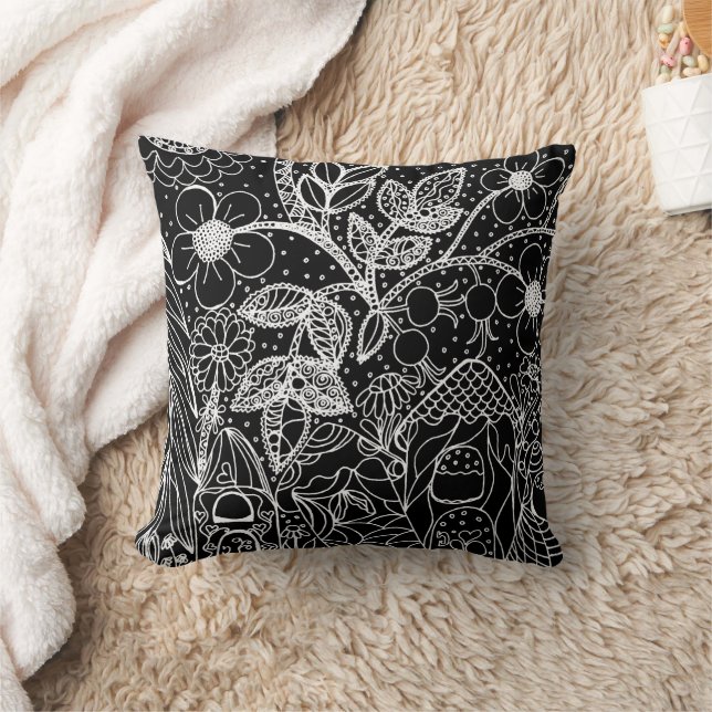 Magical Garden Whimsical Ink Pattern Throw Pillow (Blanket)