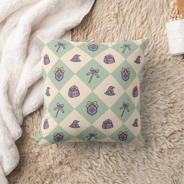 Magical Girl Green Witch Wizard School Checkered Throw Pillow (Blanket)