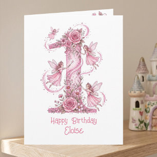 Magical Girl's Pink Fairy 1st Birthday Card