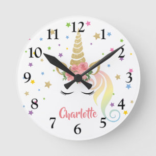 Magical Girly Unicorn & Stars Personalized Round Clock