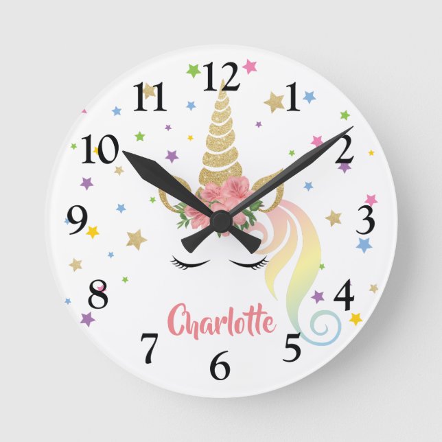 Magical Girly Unicorn & Stars Personalized Round Clock (Front)