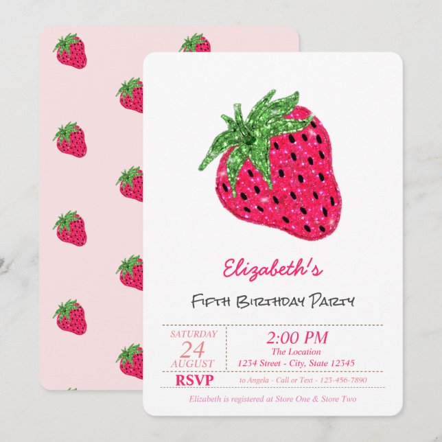 Magical Glitter Strawberry  Birthday   Invitation (Front/Back)
