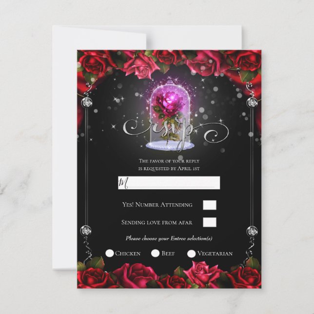 Magical Glow Red Rose Silver Black RSVP    Invitation (Front)