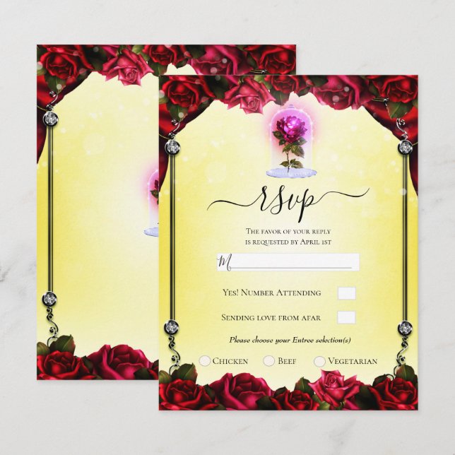 Magical Glow Red Rose Yellow Silver Sparkle RSVP  Invitation (Front/Back)